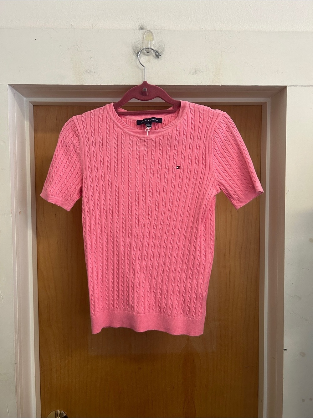 Tommy Hilfiger 100% Cotton Cable Knit Short Sleeve Pink Top - size XS